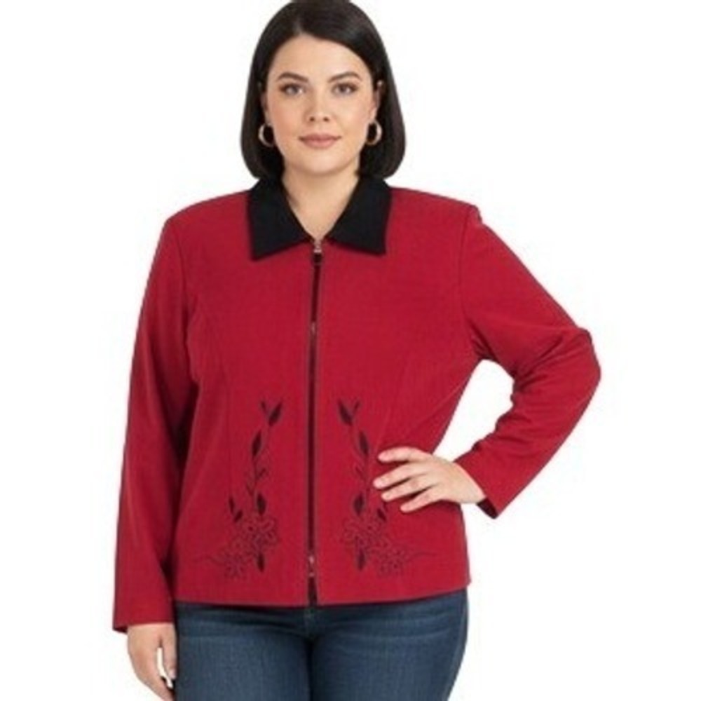 DBY Ltd. Jacket Womens 18W Red‎ Floral Embroidered Zip Front Stretch Lined Plus